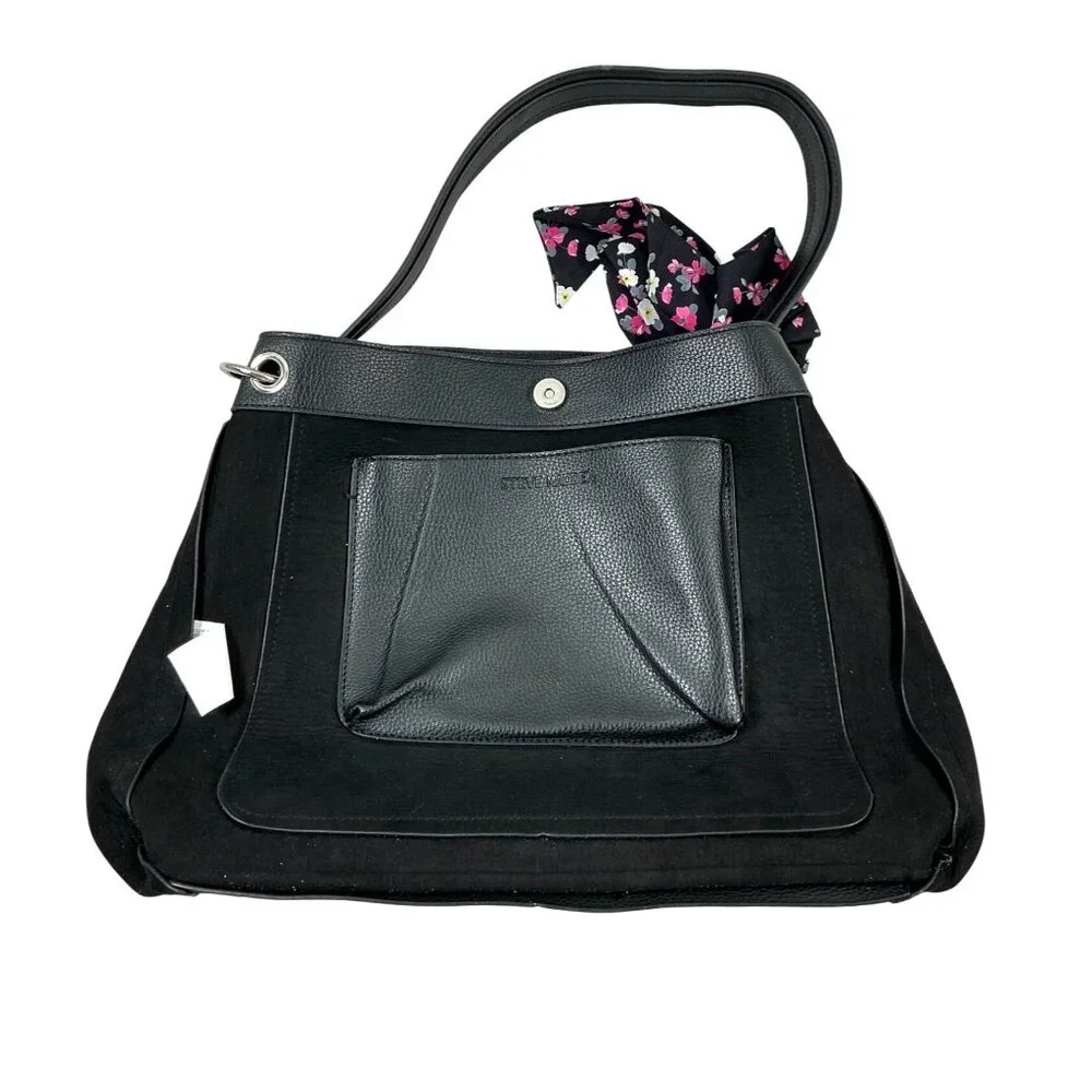 Steve Madden Black Shoulder Bag with Floral Scarf Accent